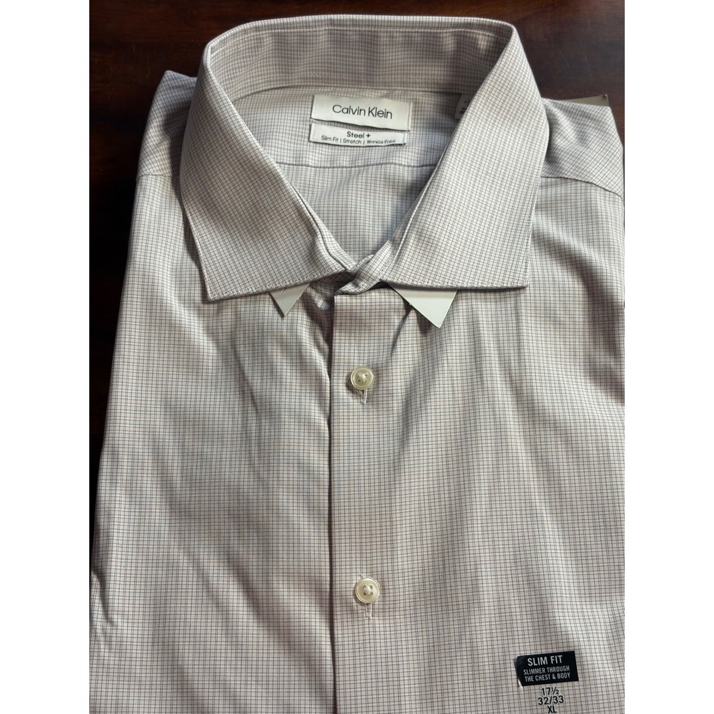 Calvin Klein Steel+ Slim Fit Dress Shirt Pink Multi Check 17.5 32/33 XL New